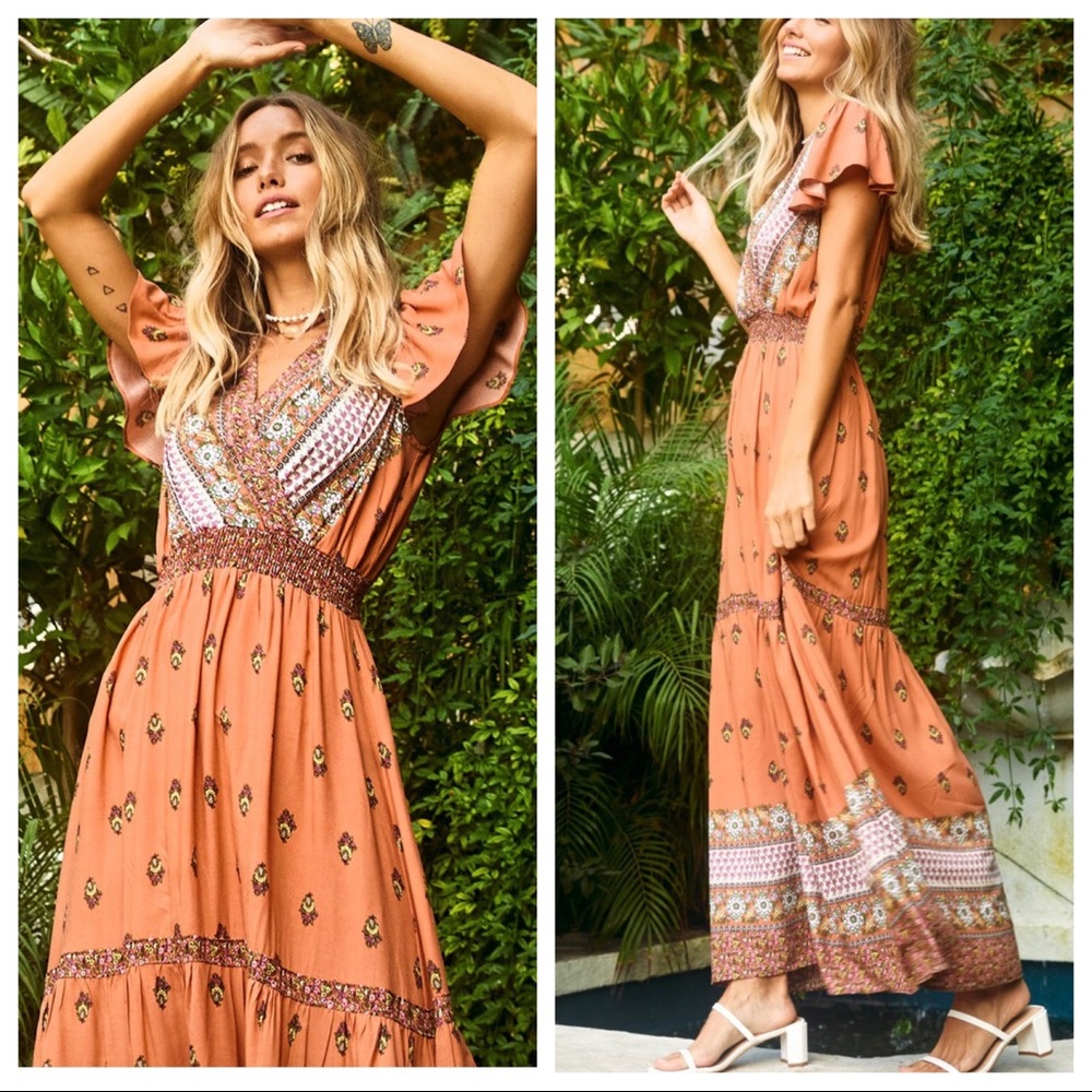 Fabulous Natalie Short Flowy Sleeves Print Maxi Boho Dress - Picture 3 of 3